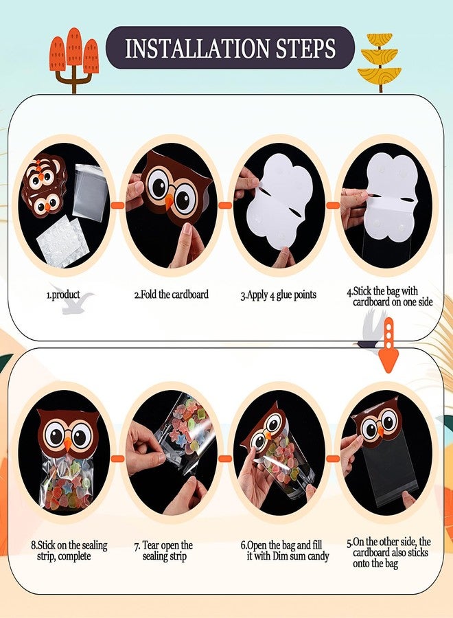 SilTriangle 48 Sets of Owl Party Cellophane Treat Bags with Owl Toppers Cellophane Bags for Thanksgiving Christmas Candy Gift Christmas Party Favor Decoration Supplies(Brown) - Image 4